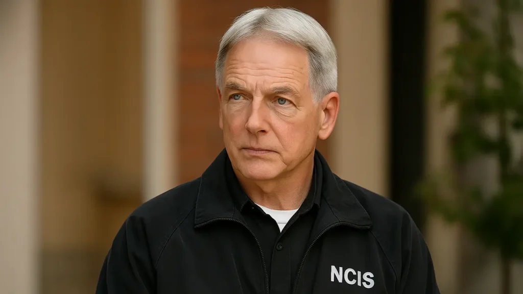 Mark Harmon in character as Leroy Jethro Gibbs wearing a black NCIS jacket with a serious expression