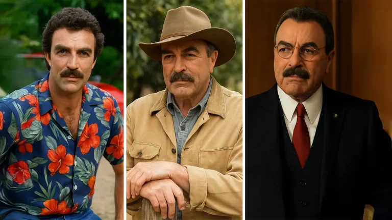 A triptych of Tom Selleck showing him as Magnum in a floral shirt, as a rancher in casual outdoor wear, and as Frank Reagan in a formal suit