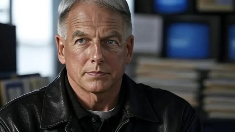 Mark Harmon as Leroy Jethro Gibbs standing in the NCIS office, wearing a dark shirt and gray blazer.