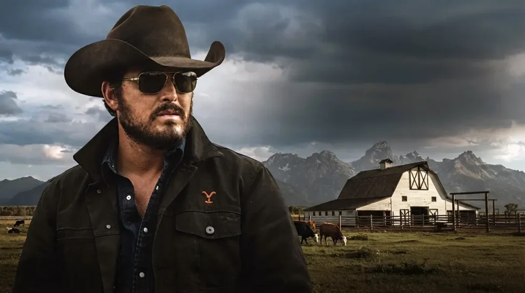 Cinematic portrait of Rip Wheeler (Cole Hauser) wearing sunglasses and cowboy hat in front of Dutton Ranch barn and mountains.