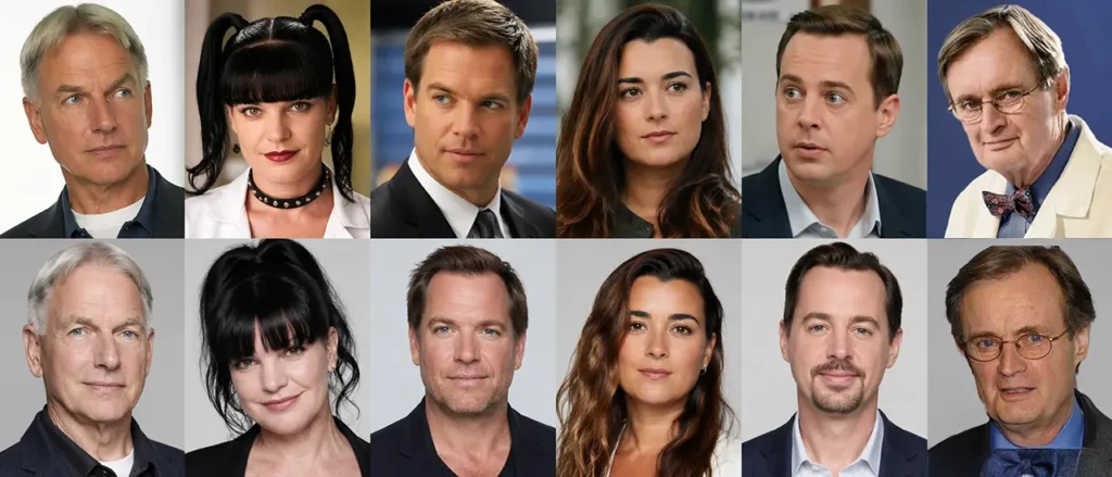 Mark Harmon, Pauley Perrette, Michael Weatherly and Cote de Pablo in NCIS then and now comparison