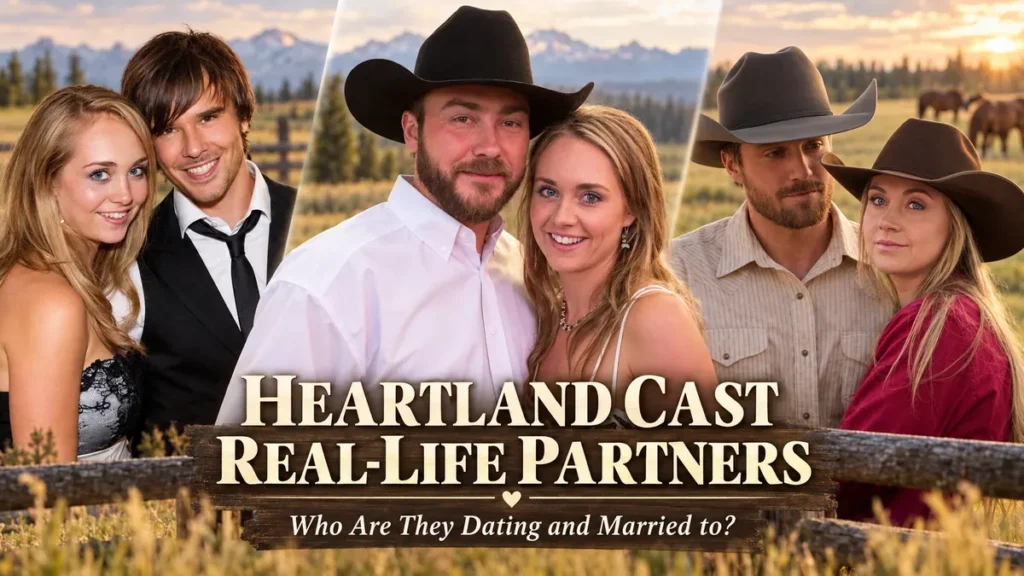 Heartland cast real-life partners collage featuring Amy with Ty, Amber Marshall with Shawn Turner, and Amy with Nathan against a ranch backdrop