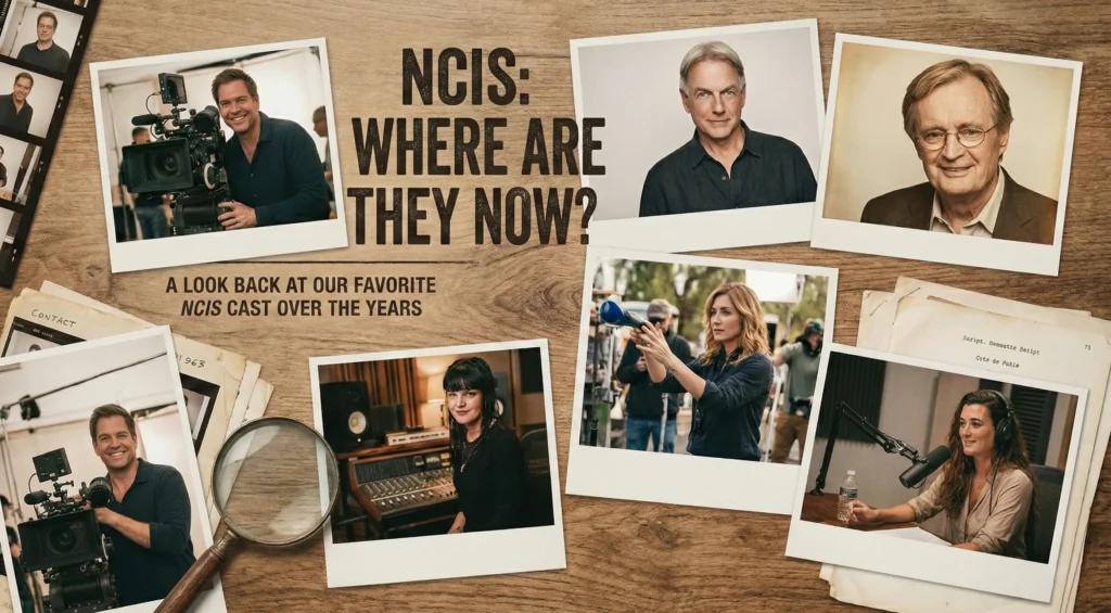 Polaroid photos of former NCIS cast members Mark Harmon, David McCallum, Michael Weatherly, Pauley Perrette, Cote de Pablo, and Sasha Alexander on a wooden desk.
