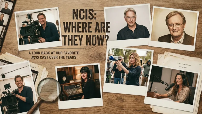 Polaroid photos of former NCIS cast members Mark Harmon, David McCallum, Michael Weatherly, Pauley Perrette, Cote de Pablo, and Sasha Alexander on a wooden desk.
