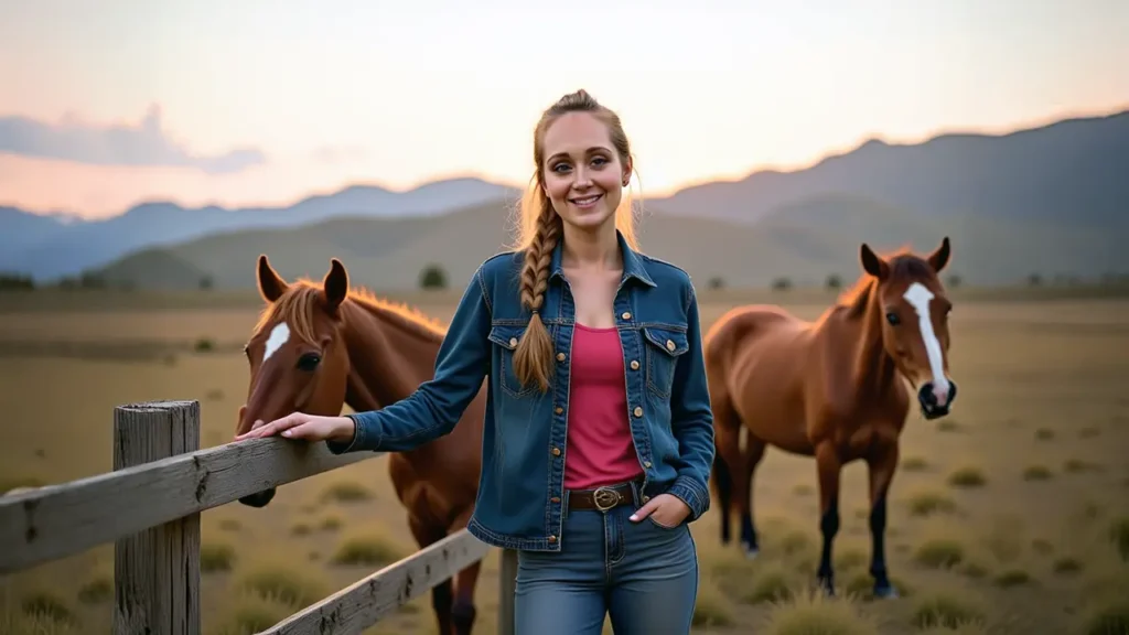 Amber Marshall standing near a horse on her Alberta ranch at sunset