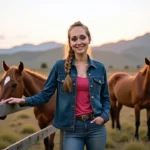 Amber Marshall standing near a horse on her Alberta ranch at sunset