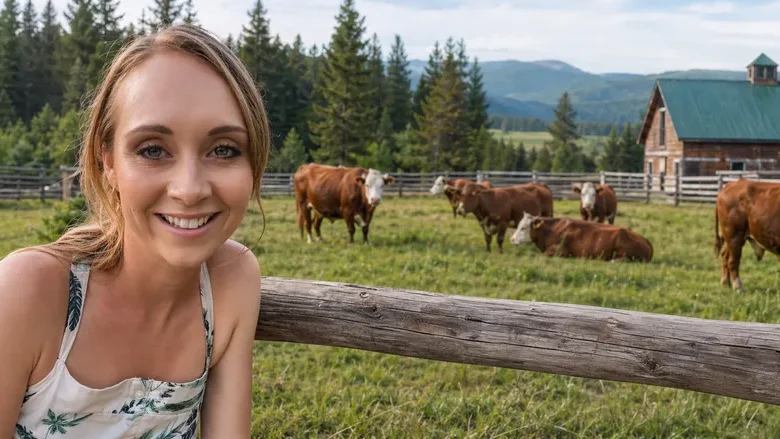 Amber Marshall smiling on a ranch with cattle, fencing, trees, and a barn in the background