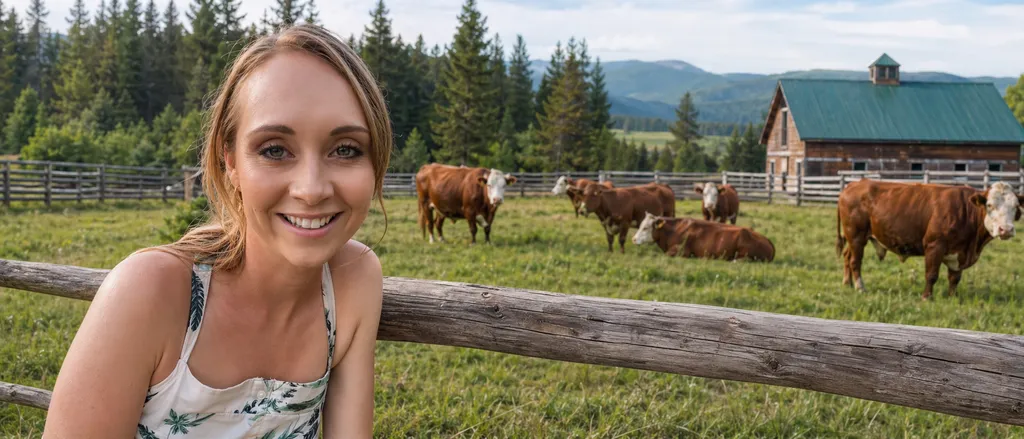 Amber Marshall smiling on a ranch with cattle, fencing, trees, and a barn in the background