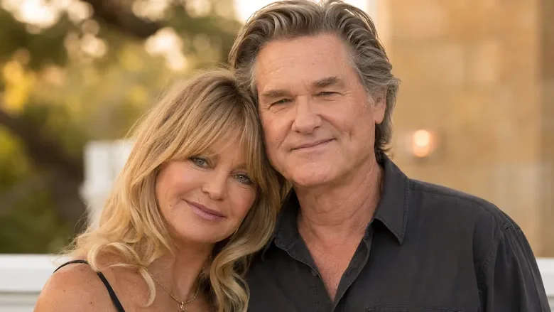Goldie Hawn and Kurt Russell posing together in a warm outdoor portrait after more than 40 years as a couple