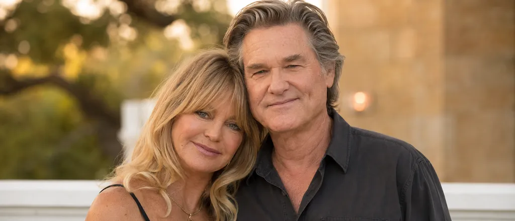 Goldie Hawn and Kurt Russell posing together in a warm outdoor portrait after more than 40 years as a couple