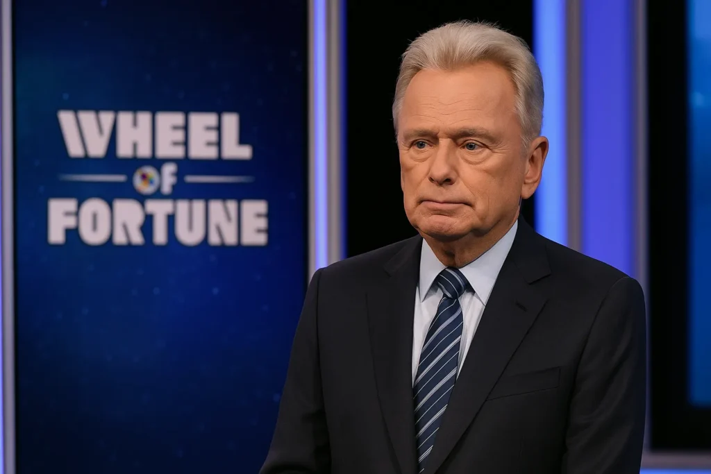 Pat Sajak standing solemnly on the Wheel of Fortune set in a navy suit during his final episode