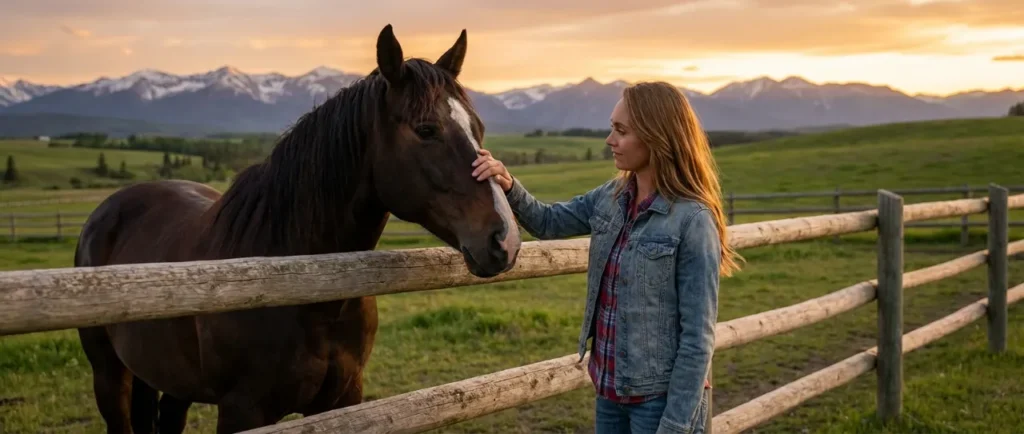 Amber Marshall smiling as Amy Fleming standing next to a horse on the Heartland ranch during Season 17 filming.