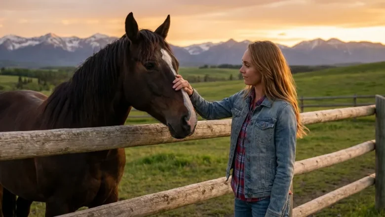 Amber Marshall smiling as Amy Fleming standing next to a horse on the Heartland ranch during Season 17 filming.