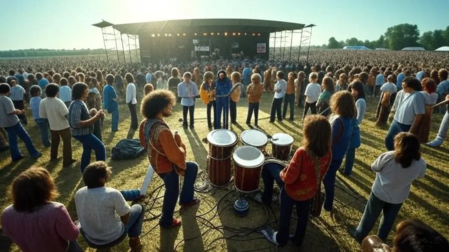A widescreen view of the 1969 Woodstock music festival in a cow pasture, featuring a large crowd and a band performing on stage.