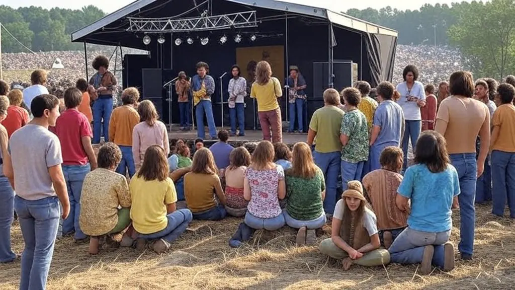 A widescreen view of the 1969 Woodstock music festival with a large crowd gathered around a stage where iconic bands are performing in a cow pasture.