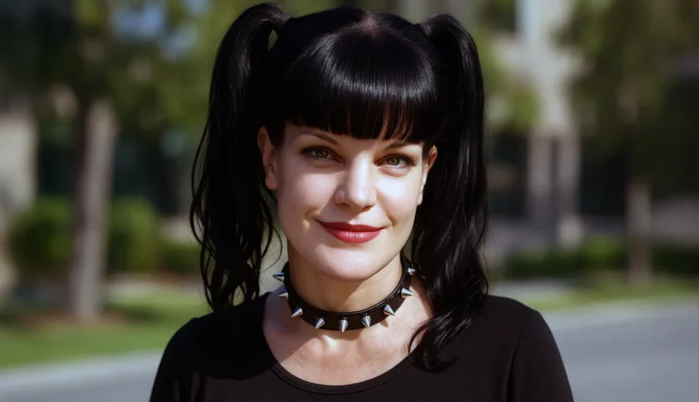 Close-up of Pauley Perrette with black pigtails and spiked choker, capturing her iconic Abby Sciuto look from NCIS.
