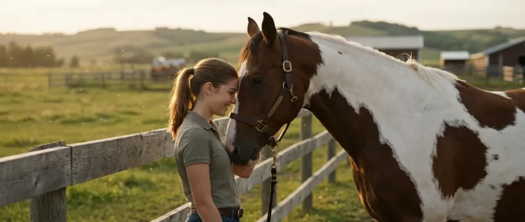 Alisha Newton as Georgie beside a ranch horse in a cinematic Heartland-style scene
