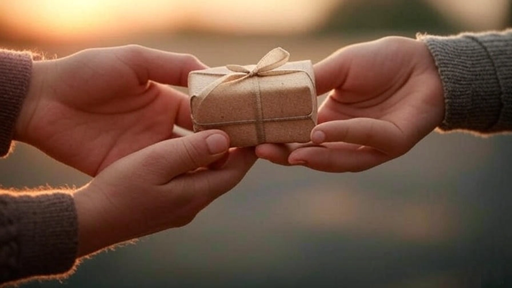 Hands exchanging a small package, symbolizing Paul McCartney's kind gesture to Cynthia Lennon