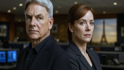 Harmon as Agent Gibbs and Lauren Holly as Director Jenny Shepard standing back-to-back in the NCIS headquarters with a hint of Paris in the background