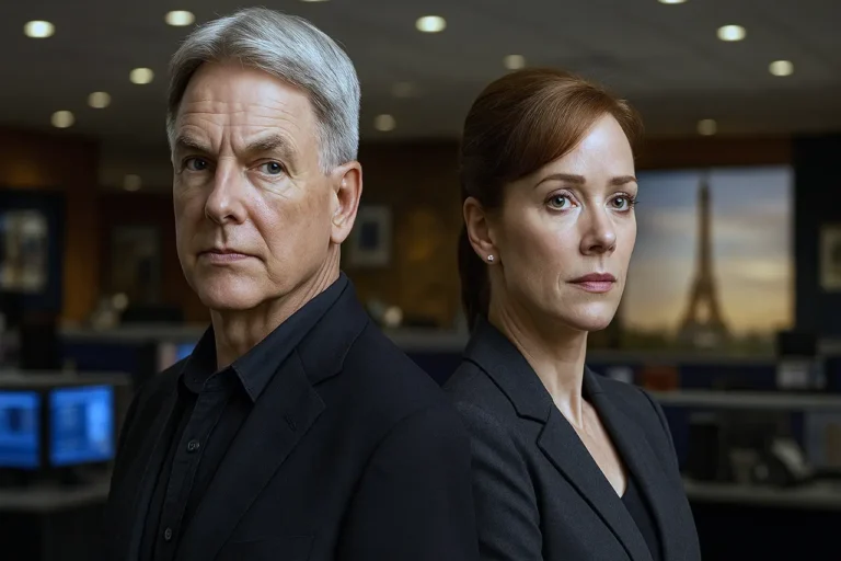 Harmon as Agent Gibbs and Lauren Holly as Director Jenny Shepard standing back-to-back in the NCIS headquarters with a hint of Paris in the background