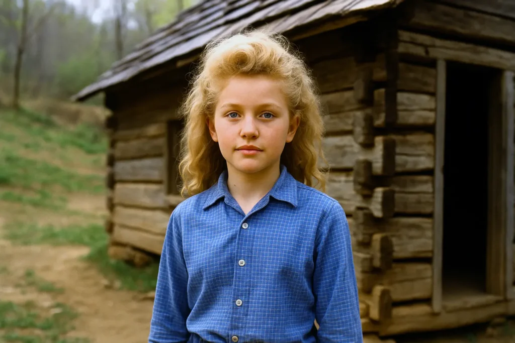 A young Dolly Parton stands in front of a rustic one-room cabin in rural Tennessee, capturing her humble beginnings.