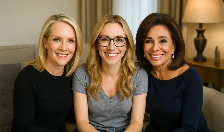 Dana Perino, Jeanine Pirro, and Kat Timpf smiling together during a surprise visit at home