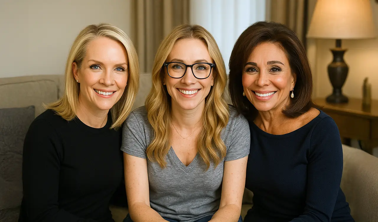 Dana Perino, Jeanine Pirro, and Kat Timpf smiling together during a surprise visit at home