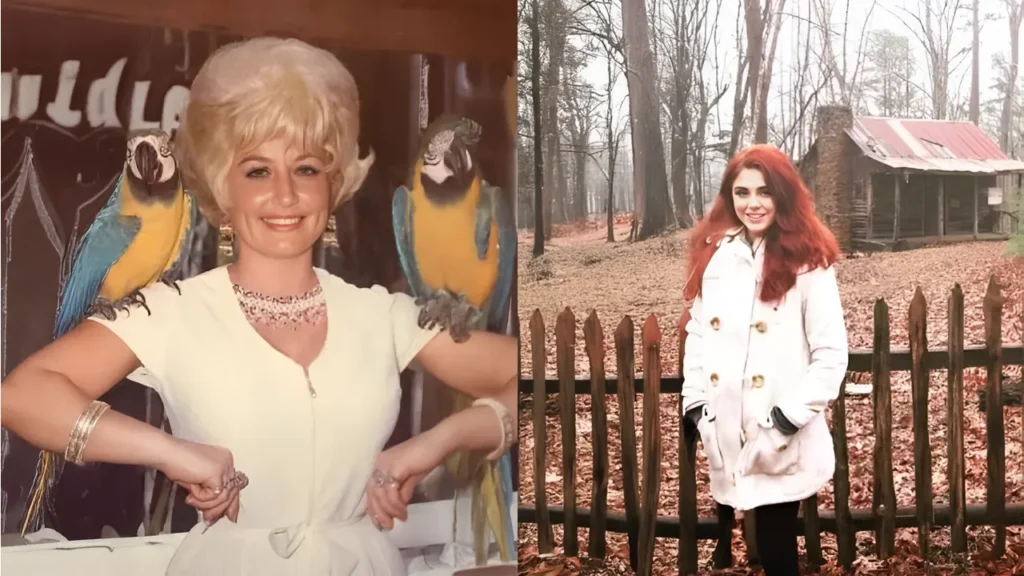 Young Dolly Parton standing outside a log cabin, representing her childhood in rural Tennessee