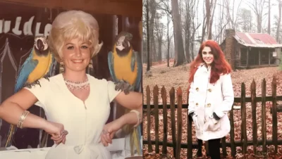 Young Dolly Parton standing outside a log cabin, representing her childhood in rural Tennessee