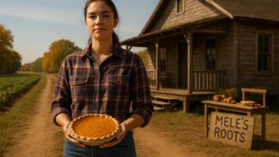Young woman holding a sweet potato pie outside a farmhouse with a sign reading “Mele’s Roots” in front of a table of produce.