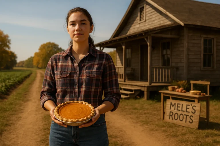 Young woman holding a sweet potato pie outside a farmhouse with a sign reading “Mele’s Roots” in front of a table of produce.