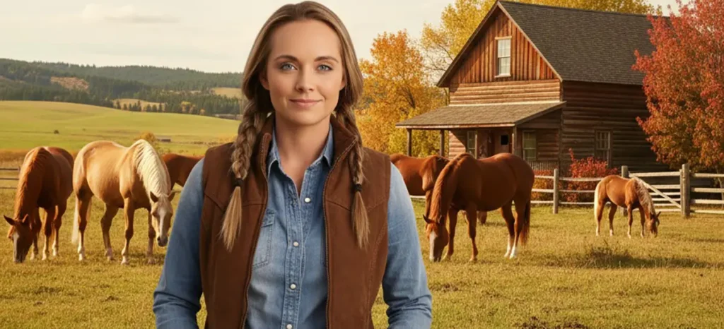 Amber Marshall as Amy Fleming on Heartland ranch with horses in the background, promoting Season 19 premiere October 5, 2025 on CBC.