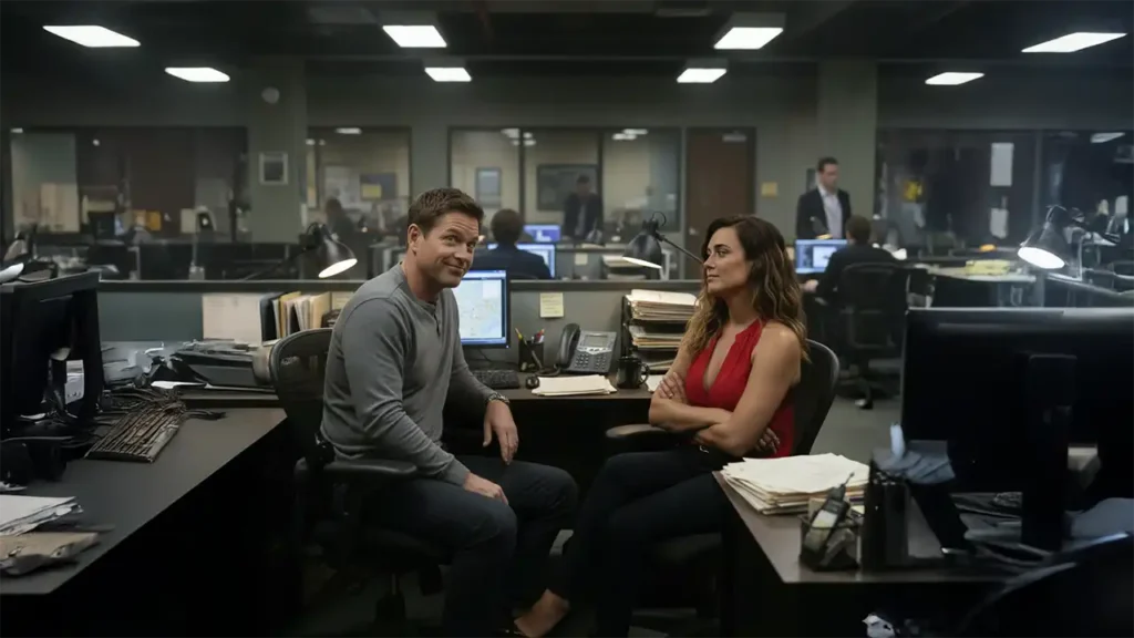 NCIS bullpen with Tony and Ziva trading a wary look across their desks, early days before the romance.