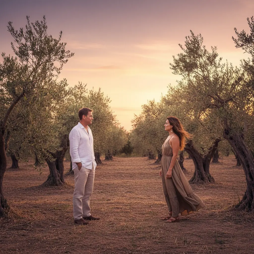 Sunset in an olive grove with two figures facing each other, quiet distance between them, bittersweet farewell.