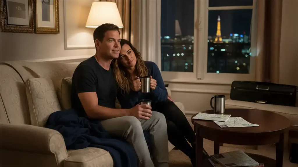 Paris hotel room at night with a single couch and two mugs, hinting at Tony and Ziva’s unspoken closeness.