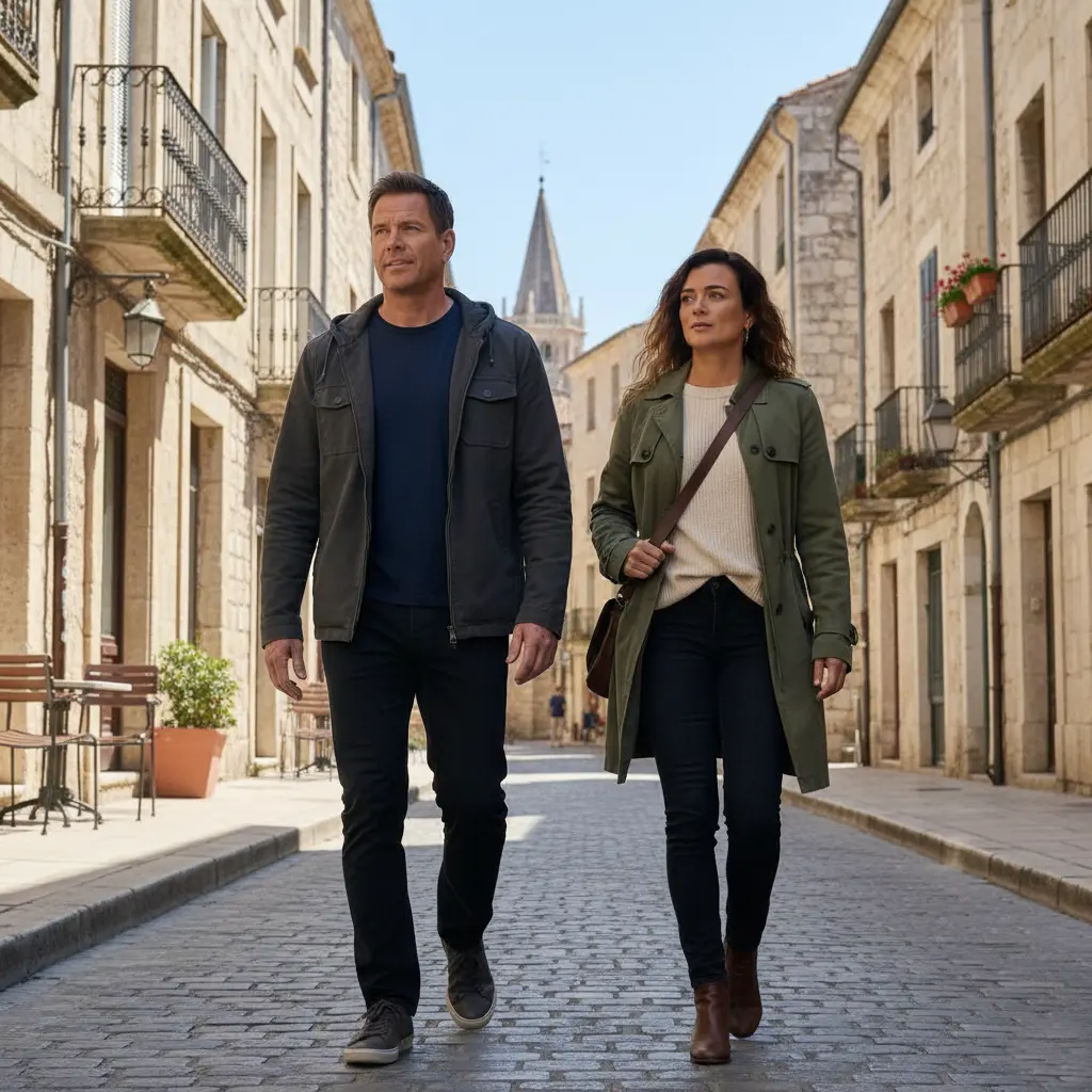 Two agents walking in step on a European street, older and calmer, moving like partners again.