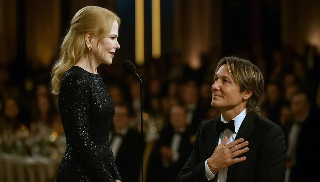 Nicole Kidman delivers an emotional speech to Keith Urban at the Golden Globes as he places his hand over his heart, visibly moved.