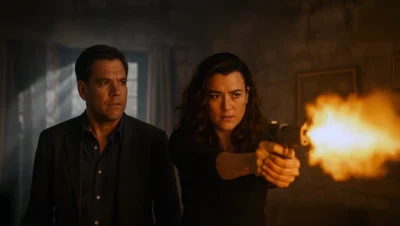 Tony and Ziva stand protectively with daughter Tali in a dramatic moment from the NCIS spinoff trailer