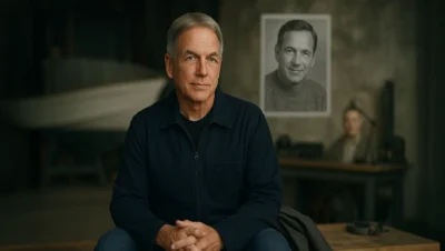 Actor Mark Harmon sits on a wooden workbench on the NCIS soundstage, boat hull blurred behind him, in neutral daylight