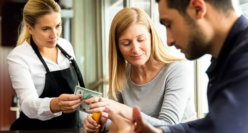 A compassionate waitress, Sarah, discreetly hands a hundred-dollar bill to a grateful-looking couple at their restaurant table.