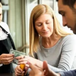 A compassionate waitress, Sarah, discreetly hands a hundred-dollar bill to a grateful-looking couple at their restaurant table.