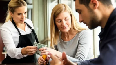 A compassionate waitress, Sarah, discreetly hands a hundred-dollar bill to a grateful-looking couple at their restaurant table.