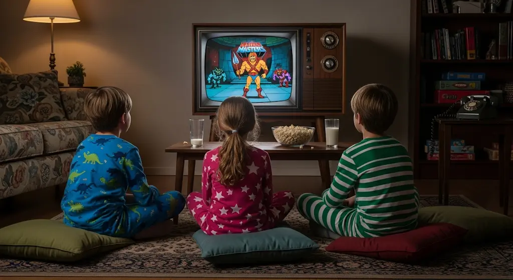 Kids in pajamas watching cartoons on an old television.