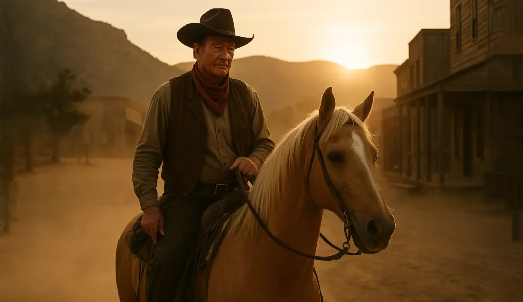 John Wayne riding his horse Zip through a dusty Western town at golden hour.