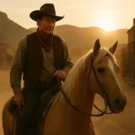 John Wayne riding his horse Zip through a dusty Western town at golden hour.