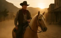 John Wayne riding his horse Zip through a dusty Western town at golden hour.
