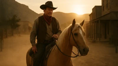 John Wayne riding his horse Zip through a dusty Western town at golden hour.