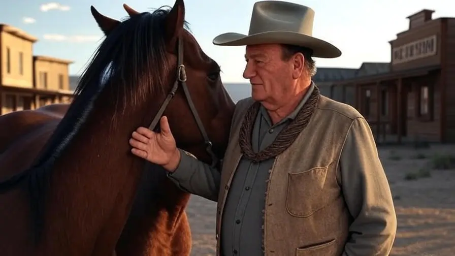 John Wayne gently patting his horse Zip for the first time on a western film set in the 1950s.
