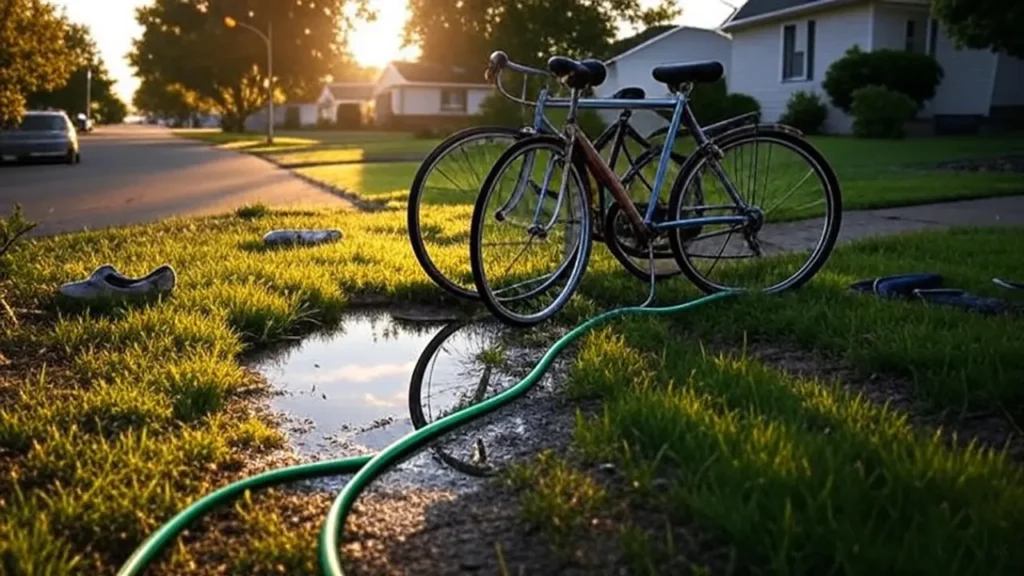 Two vintage bicycles and a garden hose on a suburban lawn at golden hour, evoking childhood nostalgia.