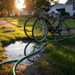 Two vintage bicycles and a garden hose on a suburban lawn at golden hour, evoking childhood nostalgia.